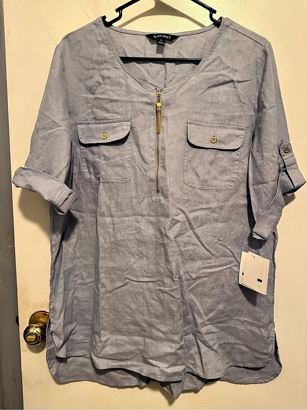 Ellen Tracy Linen Utility Blouse in Gray Size Large NWT